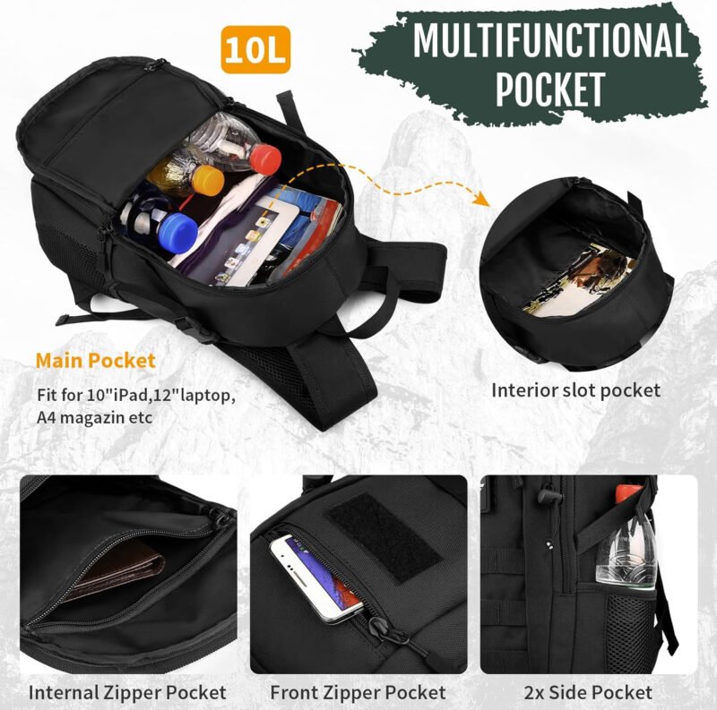 Wowelife Small Tactical Backpack for Men, Mini Tactical Backpack 10L Kids, Small Military Day Pack, Molle Bag Black for Men for Hunting Camping Trekking Travel, Black