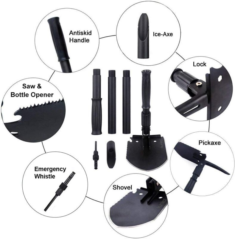Survival Folding Shovel 35in Multi-Tool, Heavy Duty Carbon Steel Military Entrenching Tool w/Pickaxe, Portable Collapsible Spade for Disaster Cleanup, Car Emergency, Camping, Off Road, Outdoor Rescue