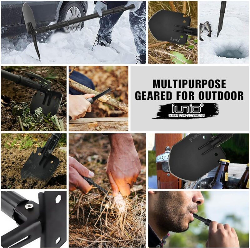 Survival Folding Shovel 35in Multi-Tool, Heavy Duty Carbon Steel Military Entrenching Tool w/Pickaxe, Portable Collapsible Spade for Disaster Cleanup, Car Emergency, Camping, Off Road, Outdoor Rescue