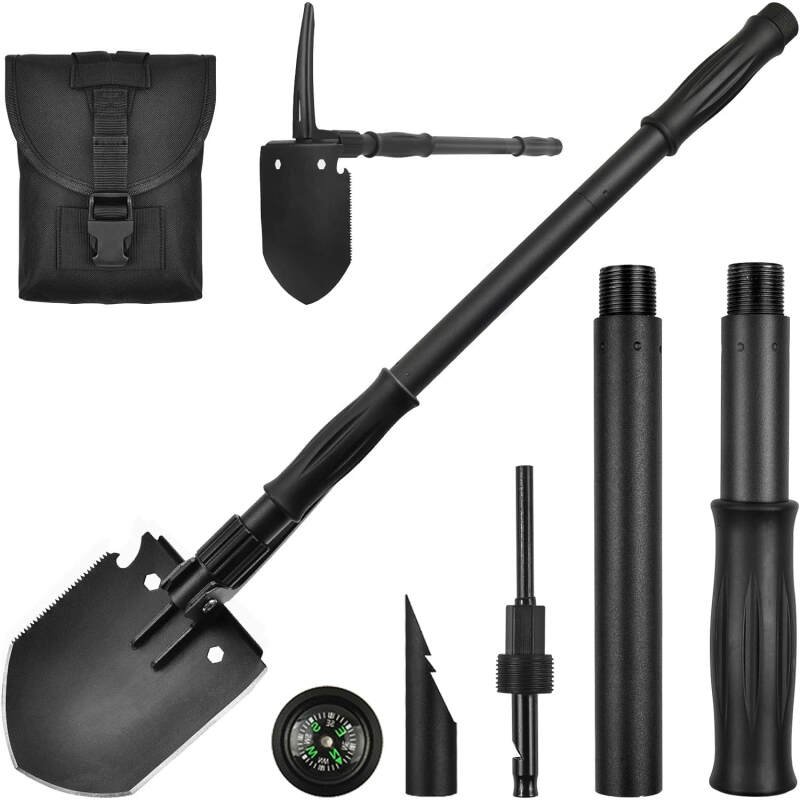 Survival Shovel, (28.3”) Camping Folding Shovel, Military Spade Multitool, Tactical Trench Tool, with Pickaxe, Compass, Whistle, Molle Bag for Digging, Metal-Detecting, Off Roading, Emergency