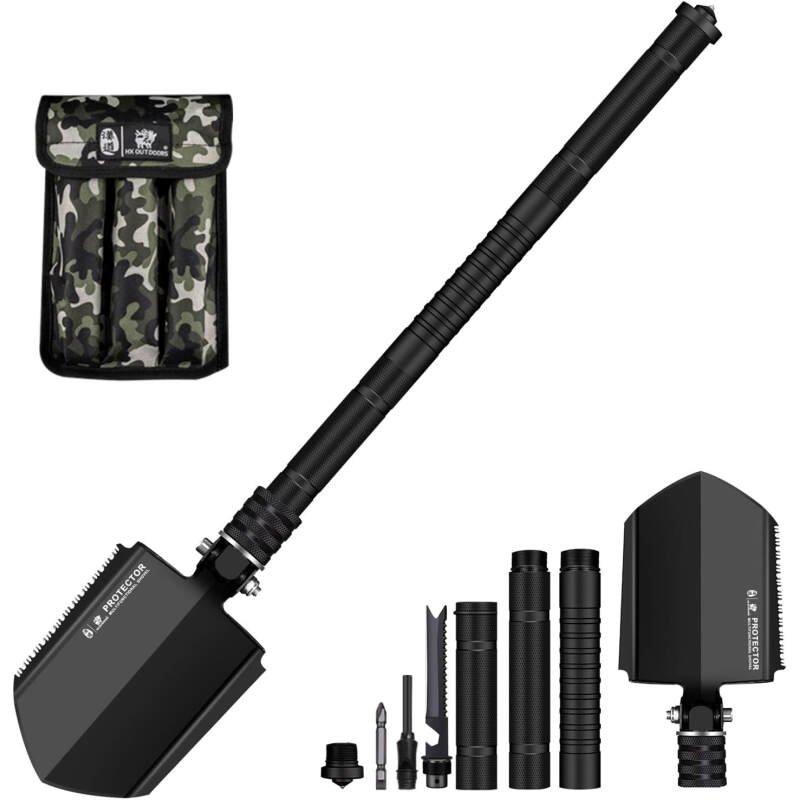 Survival Shovel Folding Tactical Shovel Aerospace-Grade Aluminum Camping Shovel Multifunctional Multitool Ultra-Light & Solid Collapsible Spade Emergency Kit with Carry Bag (26.6″)