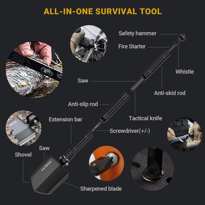 Survival Shovel Folding Tactical Shovel Aerospace-Grade Aluminum Camping Shovel Multifunctional Multitool Ultra-Light & Solid Collapsible Spade Emergency Kit with Carry Bag (26.6″)