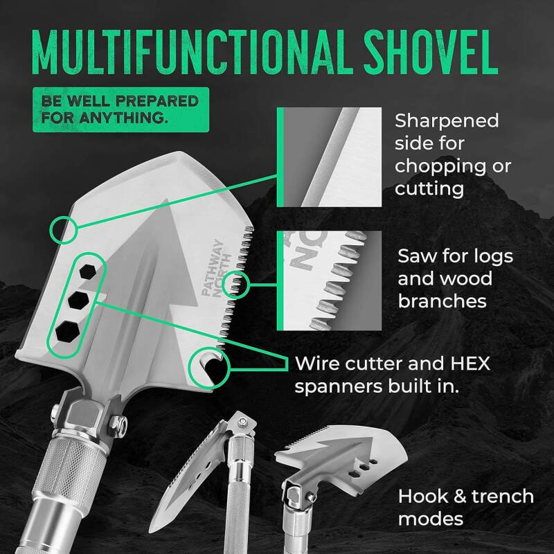 Survival Shovel and Camping Axe – Stainless Steel Tactical Survival Multi-Tool and Survival Hatchet Equipment for Outdoor Hiking Camping Gear, Hunting, Backpacking Emergency Kit(Silver)