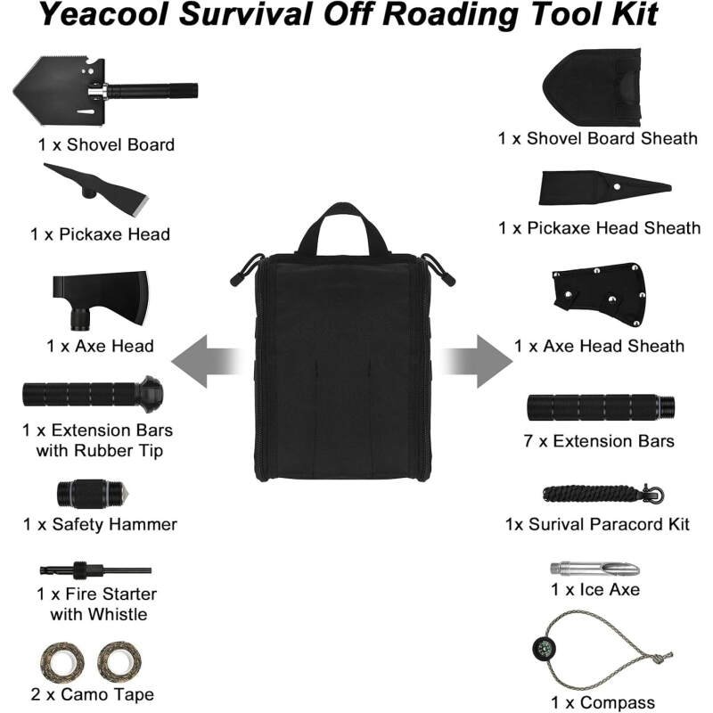 Survival Shovel Multi-Tool, Camping Shovels Axe, Military Spade, Folding Off-Roading Tool Kit, for Camping, Hiking, Metal Detecting, Emergency Outdoor