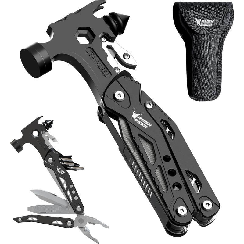 RUSH DEER 16-in-1 Multitool, Gifts for Dad, Hammer Multi tool, Utility Knife Multitools for Men, Survival Gear and Supplies, Christmas Gift for Boy Husbands