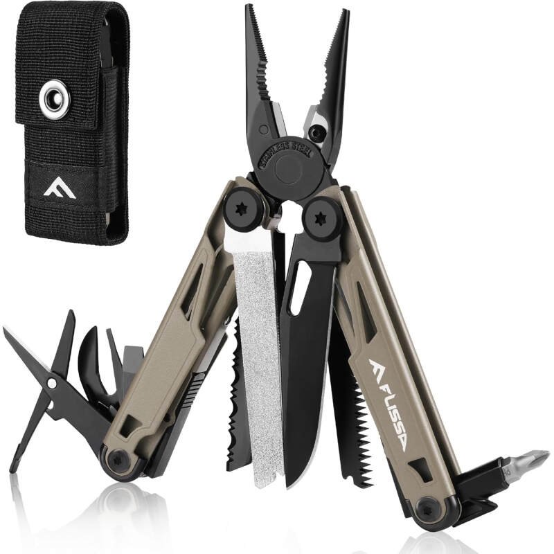 FLISSA Multitool, 15-in-1 Multi Tool Pocket Knife with Sheath, Stainless Steel EDC Multitool Pliers for Men, All-in-One Tools for Camping, Fishing, Survival