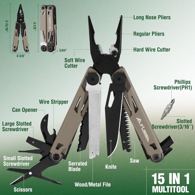 FLISSA Multitool, 15-in-1 Multi Tool Pocket Knife with Sheath, Stainless Steel EDC Multitool Pliers for Men, All-in-One Tools for Camping, Fishing, Survival