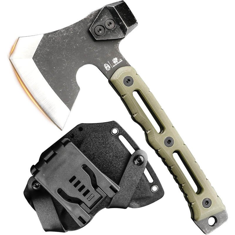 HX Outdoors Multifunctional Splitting Axe, Small Survival Camping Tactical Wood Hatchet, Mini Camp Bushcraft Hand Axes with Hammer and Kydex Sheath (Army Green)