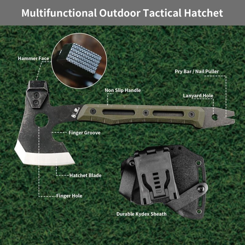 HX Outdoors Multifunctional Splitting Axe, Full Tang Survival Camping Tactical Wood Hatchet，Camp Bushcraft Hand Axes with Hammer and Nail Puller (Army Green)