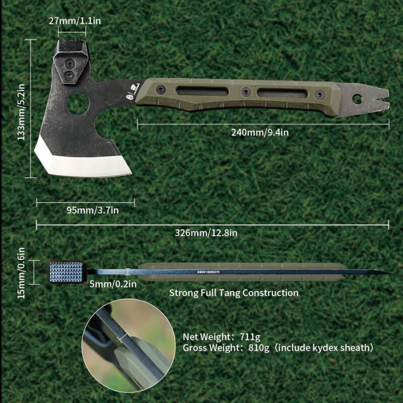 HX Outdoors Multifunctional Splitting Axe, Full Tang Survival Camping Tactical Wood Hatchet，Camp Bushcraft Hand Axes with Hammer and Nail Puller (Army Green)