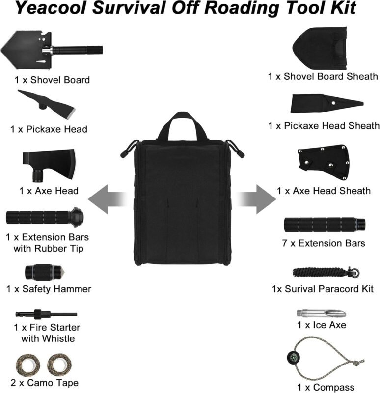 Survival Shovel Multi-Tool, Camping Shovels Axe, Military Spade, Folding Off-Roading Tool Kit, for Camping, Hiking, Metal Detecting, Emergency Outdoor