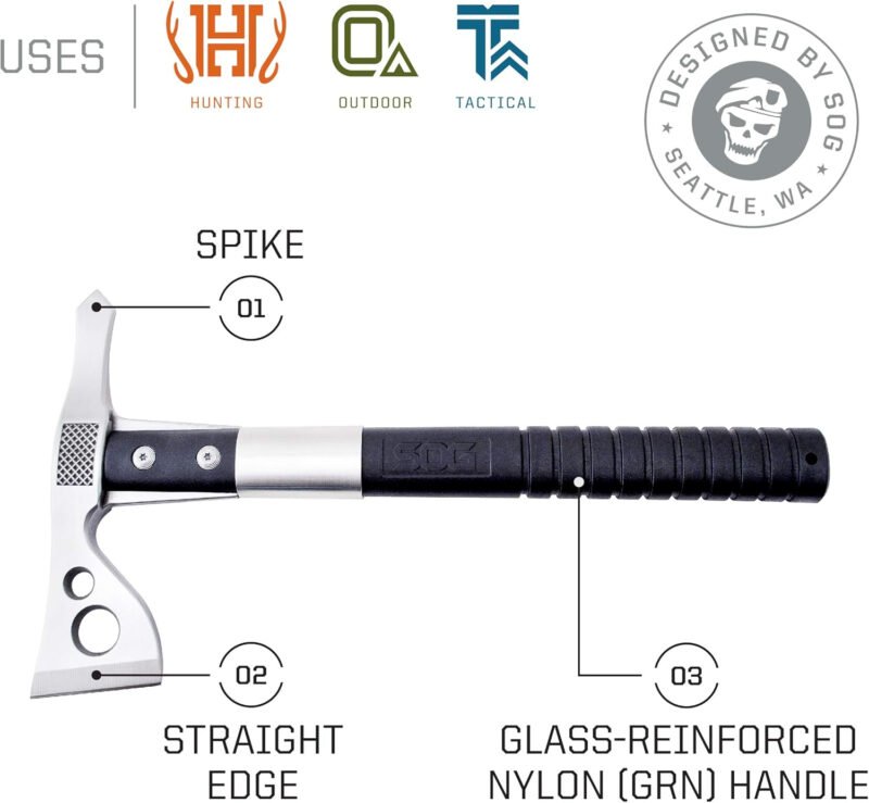 SOG FastHawk Polished Tomahawk – Tactical Axe with Sheath, Throwing Hatchet w/ Hammer Axe Edge for Competition Throwing, Camping, Hunting (F06PN-CP)