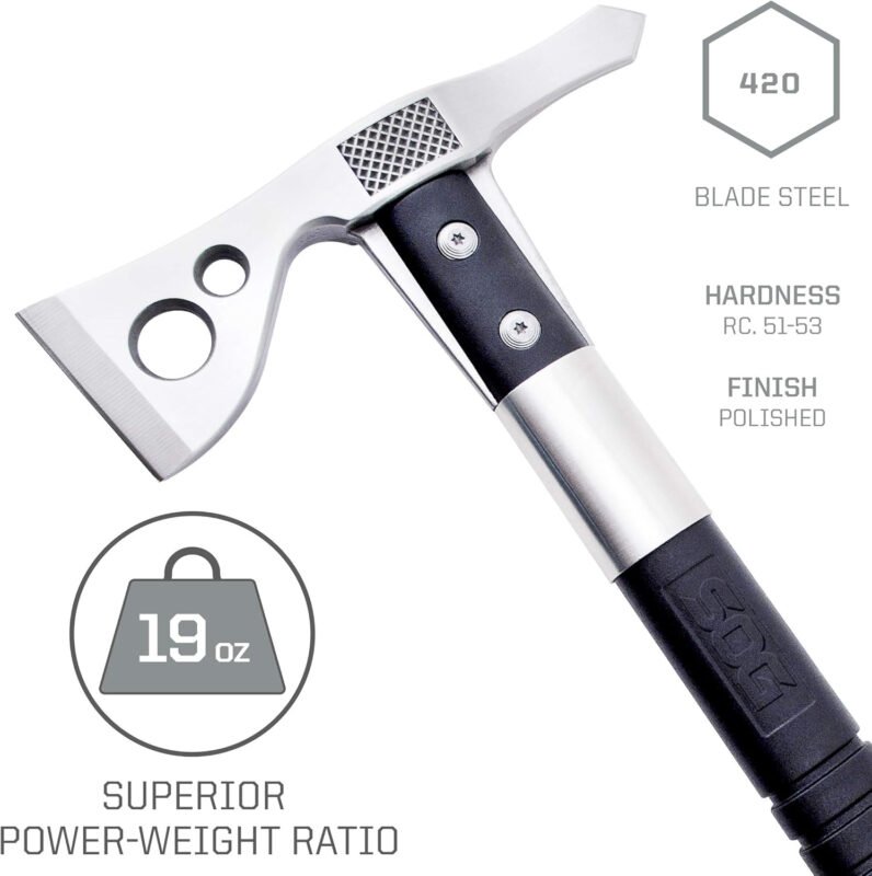 SOG FastHawk Polished Tomahawk – Tactical Axe with Sheath, Throwing Hatchet w/ Hammer Axe Edge for Competition Throwing, Camping, Hunting (F06PN-CP)