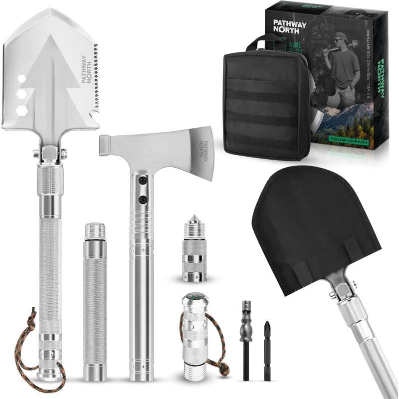 Survival Shovel and Camping Axe – Stainless Steel Tactical Survival Multi-Tool and Survival Hatchet Equipment for Outdoor Hiking Camping Gear, Hunting, Backpacking Emergency Kit(Silver)