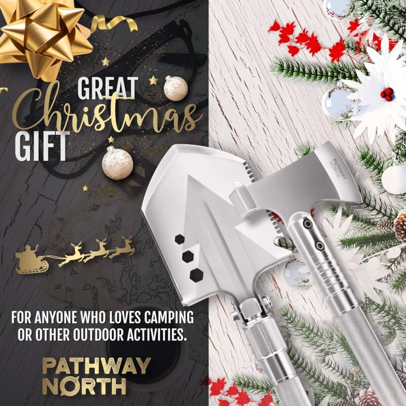 Survival Shovel and Camping Axe – Stainless Steel Tactical Survival Multi-Tool and Survival Hatchet Equipment for Outdoor Hiking Camping Gear, Hunting, Backpacking Emergency Kit(Silver)