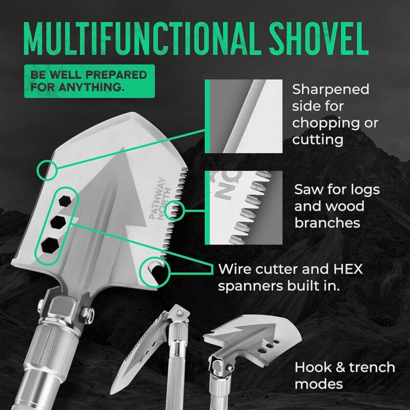 Survival Shovel and Camping Axe – Stainless Steel Tactical Survival Multi-Tool and Survival Hatchet Equipment for Outdoor Hiking Camping Gear, Hunting, Backpacking Emergency Kit(Silver)