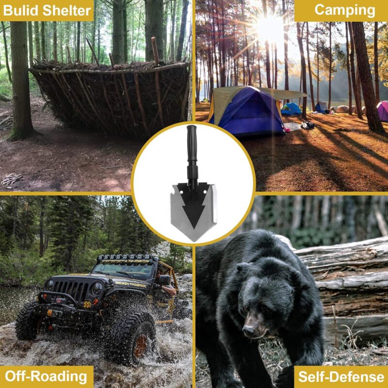 Camping Shovel 38 inch, Folding Shovel, with Pickaxe, Survival Tactical Multitool, Military Compact Tool, 180 Degree Portable Spade for Off-Roading, Backpacking, Hiking, Car Emergency