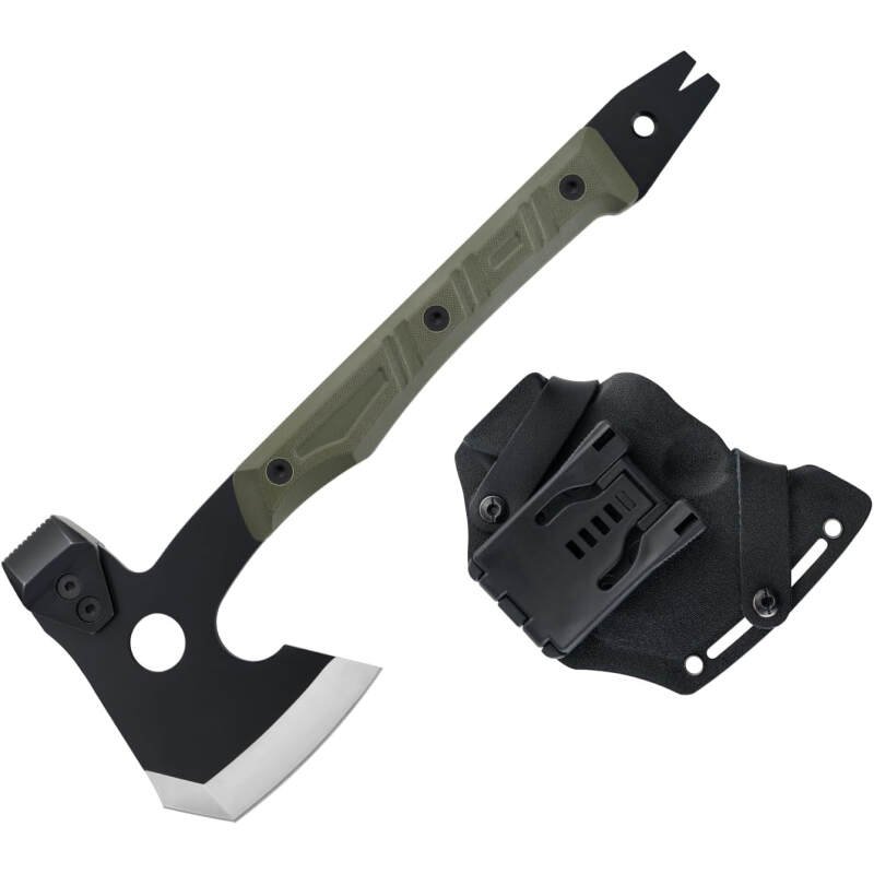 OKNIFE Otacle A1 Survival Hatchet & Camping Axe, 4 in 1 Full Tang Tactical Axe, G10 Non-Slip Grip Tomahawk with Durable Kydex Sheath (OD Green)