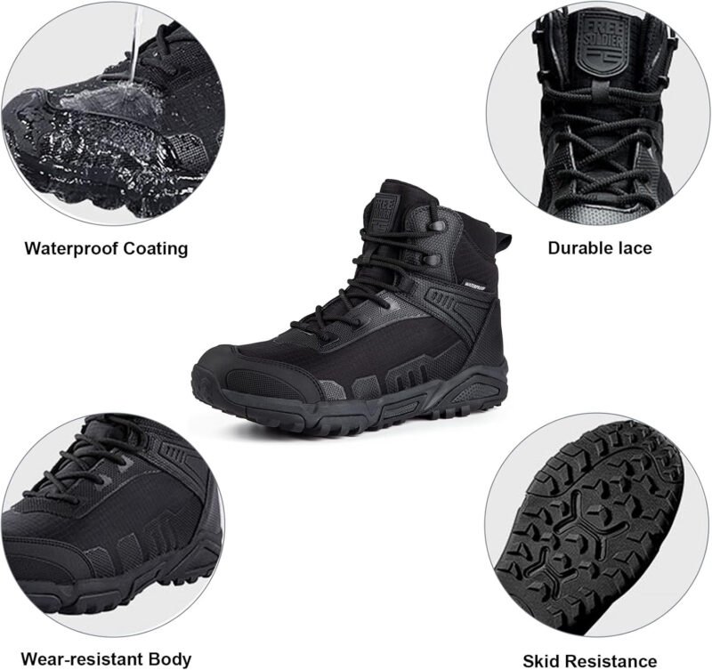 FREE SOLDIER Men’s Waterproof Hiking Boots Lightweight Work Boots Military Tactical Boots Durable Combat Boots