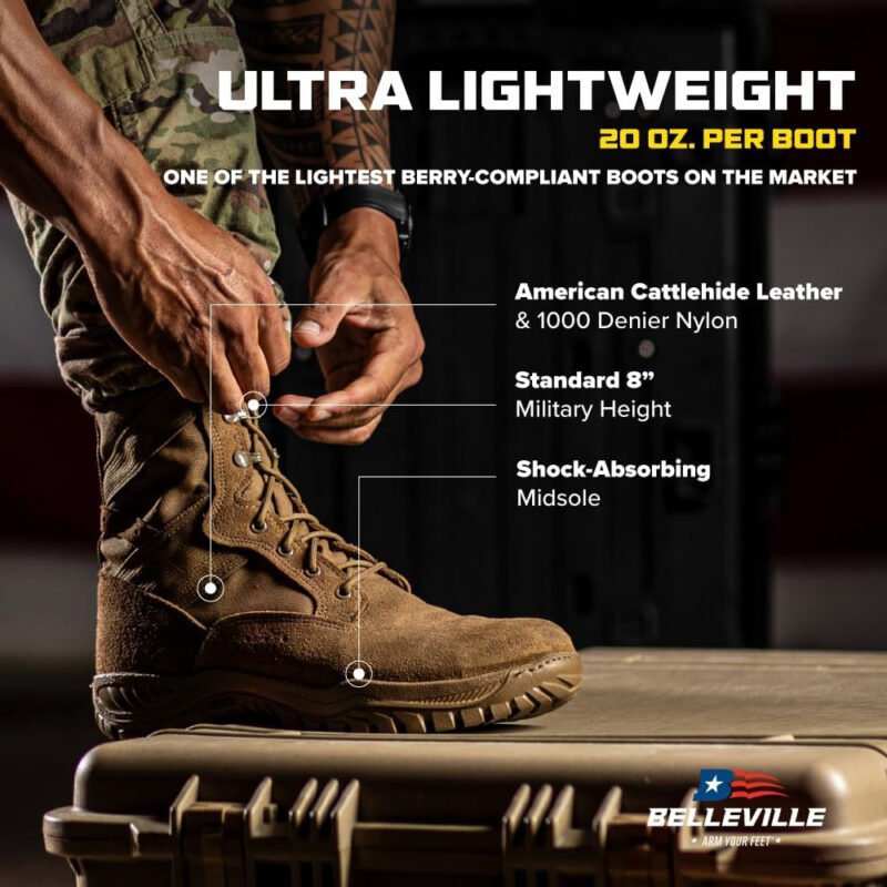 Belleville Flyweight C320 8” Combat Boots for Men – Ultra-Lightweight Army/Air Force OCP ACU Coyote Brown Leather with Traction Outsole Berry Compliant