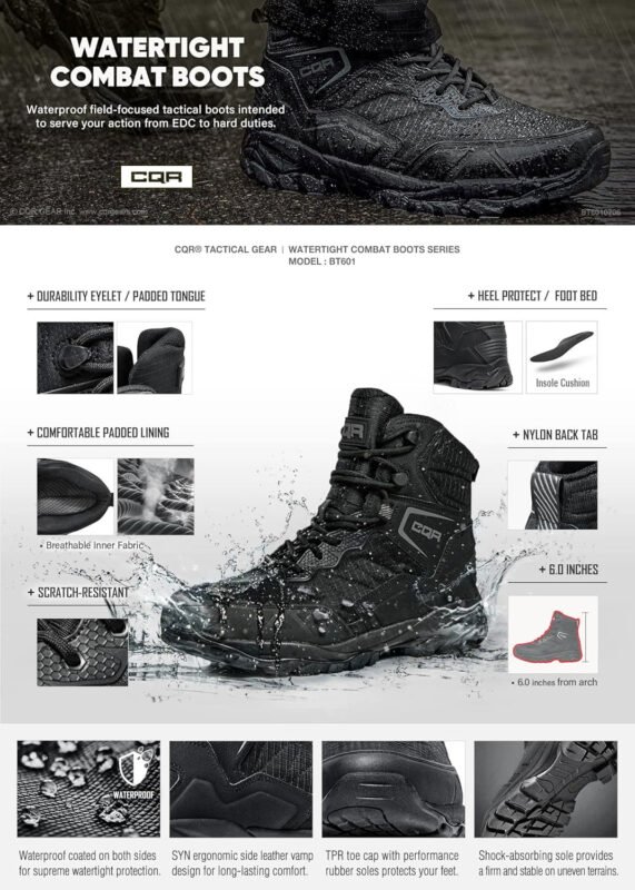 CQR Men’s Military Tactical Boots, Lightweight 6 Inches Combat Boots, Durable EDC Outdoor Work Boots