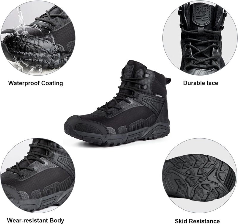 FREE SOLDIER Men’s Waterproof Hiking Boots Lightweight Work Boots Military Tactical Boots Durable Combat Boots