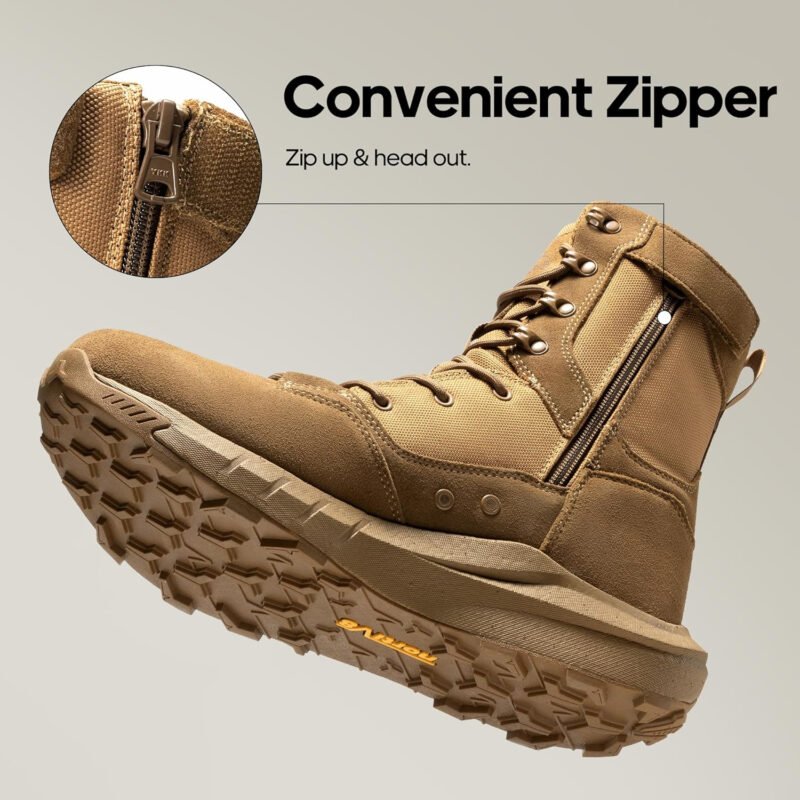 NORTIV 8 Men’s Breathable Military Tactical Combat Boots Side Zipper Arch Support Leather Lightweight Motorcycle Work Hiking Boots 8 Inches DesertStorm