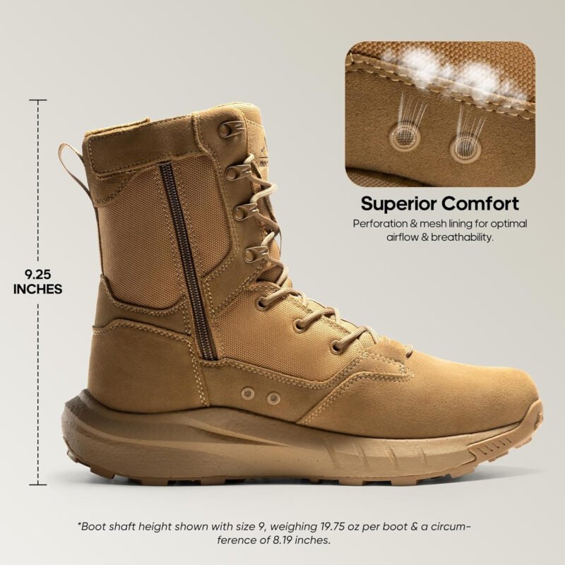 NORTIV 8 Men’s Breathable Military Tactical Combat Boots Side Zipper Arch Support Leather Lightweight Motorcycle Work Hiking Boots 8 Inches DesertStorm