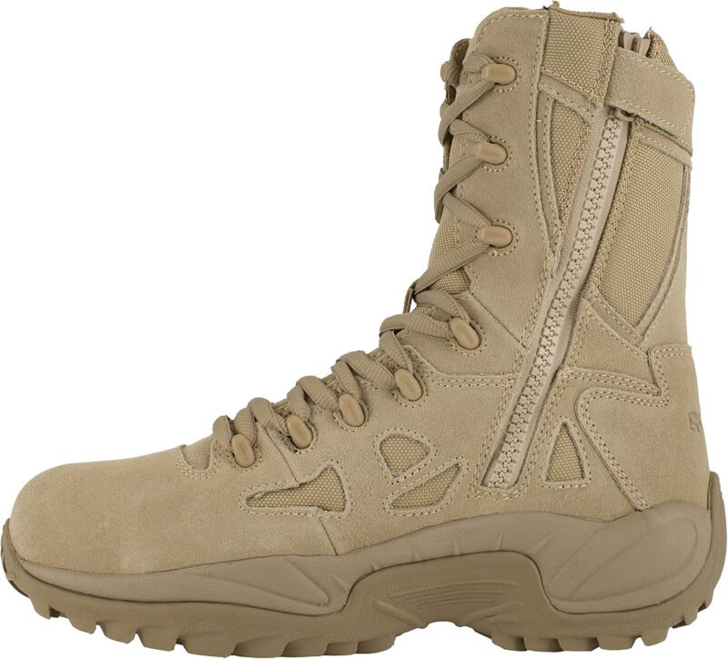 Reebok mens Rapid Response Rb Safety Toe 8″ Stealth With Side Zipper Military & Tactical Boot Desert Tan