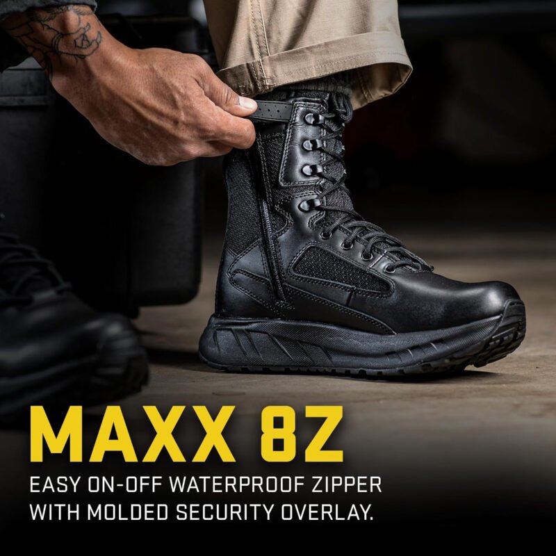 Tactical Research MAXX 8Z 8” Ultra-Cushioned Maximalist Black Tactical Boots for Men with Zipper – Designed for Police, EMS, and Security with Slip-Resistant Vibram Outsole