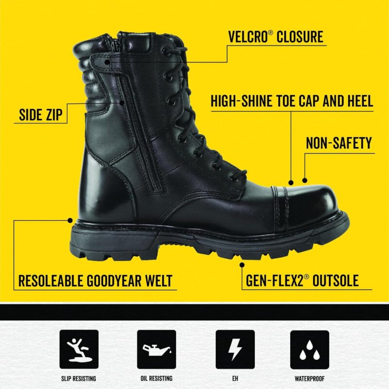 Thorogood GEN-Flex2 8” Side-Zip Black Tactical Boots for Men and Women – High-Shine Leather Heel & Toe with Goodyear Storm Welt and Slip-Resistant Outsole