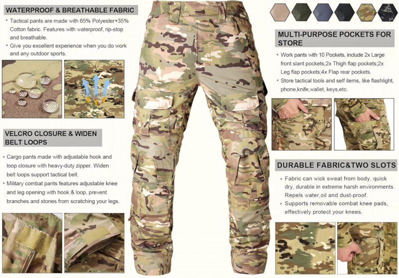 Tactical Pants Camo Cargo Pants for Men Outdoor Hiking Pants Ripstop Work Pants Multi Pocket Pants No Belt No Kneepad