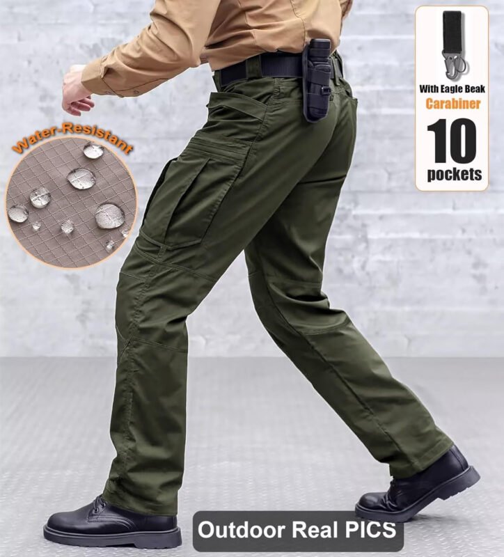 Men’s Cargo Work Hiking Tactical Pants,10-Pocket,with Carabiner,Water Resistant,Lightweight Ripstop Outdoor Pants