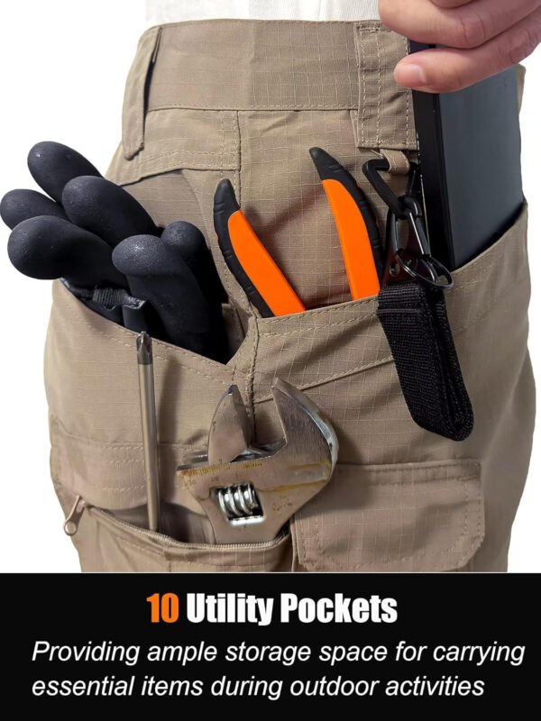 Men’s Cargo Work Hiking Tactical Pants,10-Pocket,with Carabiner,Water Resistant,Lightweight Ripstop Outdoor Pants
