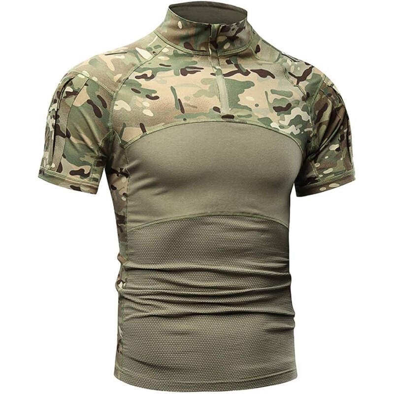 AKARMY Men’s Military Short Sleeve T-Shirt, Tactical Cargo Pullover Polo Shirts, Outdoor Camo Shirt with 1/4 Zipper