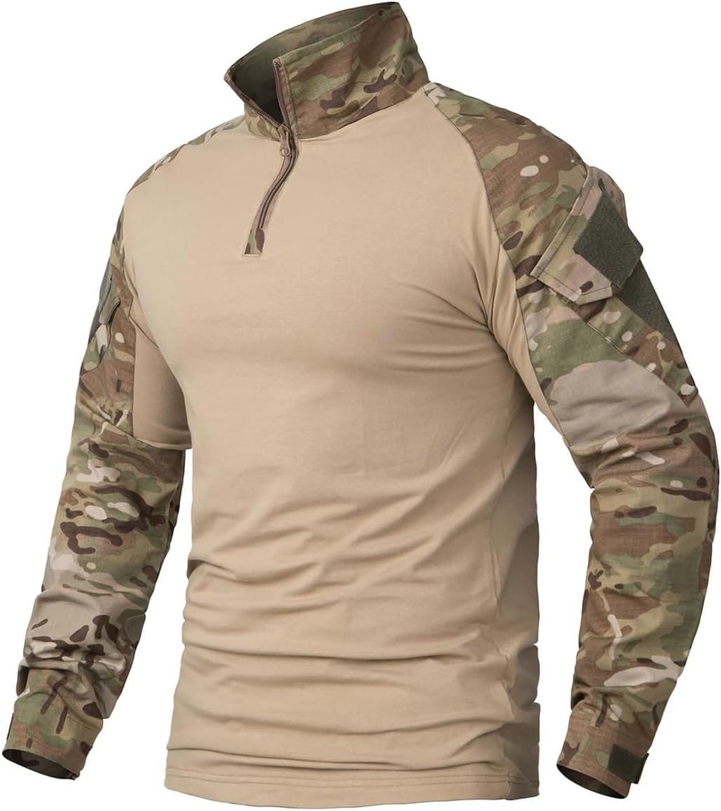 CARWORNIC Men’s Tactical Combat Shirt, 1/4 Zipper Long Sleeve Camo Army Military T Shirt