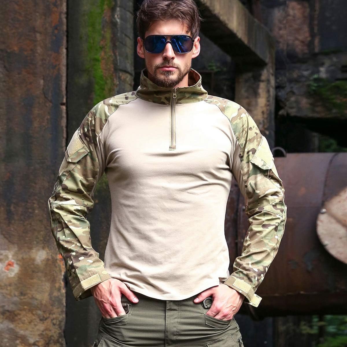 CARWORNIC Men’s Tactical Combat Shirt, 1/4 Zipper Long Sleeve Camo Army Military T Shirt