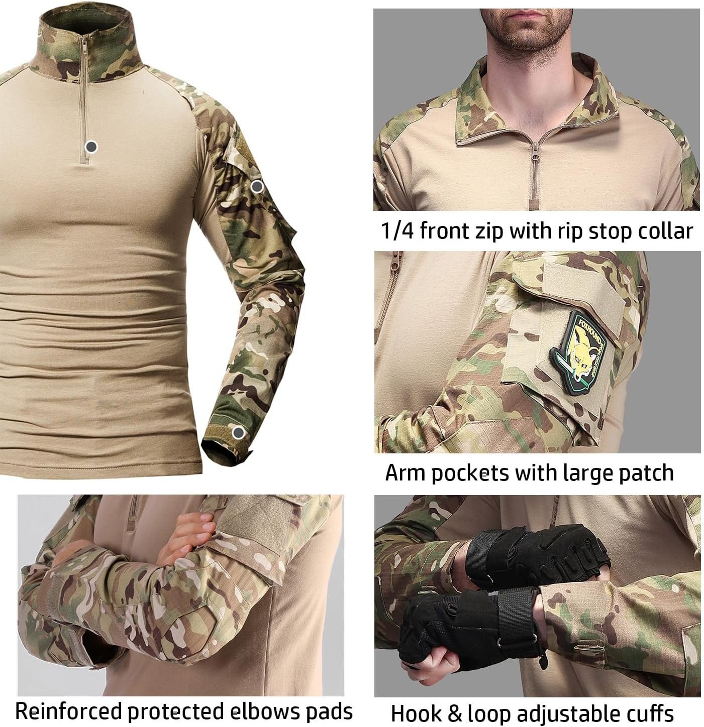 CARWORNIC Men’s Tactical Combat Shirt, 1/4 Zipper Long Sleeve Camo Army Military T Shirt