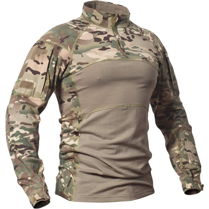CARWORNIC Men’s Tactical Military Combat Shirt Long Sleeve Cotton Camo T Shirt with Zipper