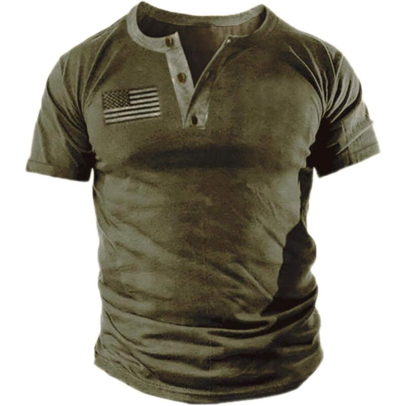 Mens Casual Button Short Sleeve Henley T-Shirts Patriotic Tactical Military Army Shirts for Men