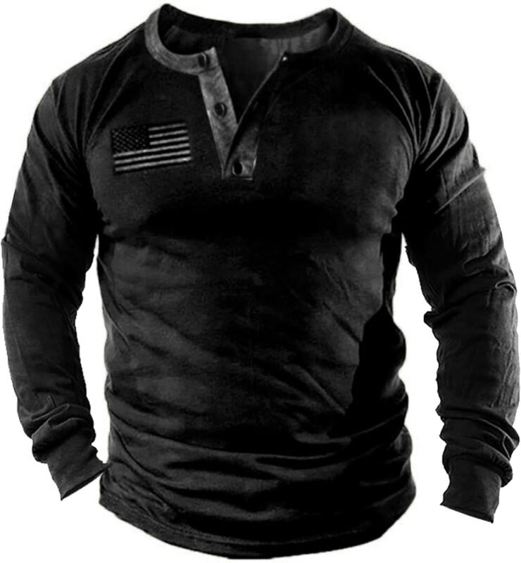 Mens Casual Button Short Sleeve Henley T-Shirts Patriotic Tactical Military Army Shirts for Men