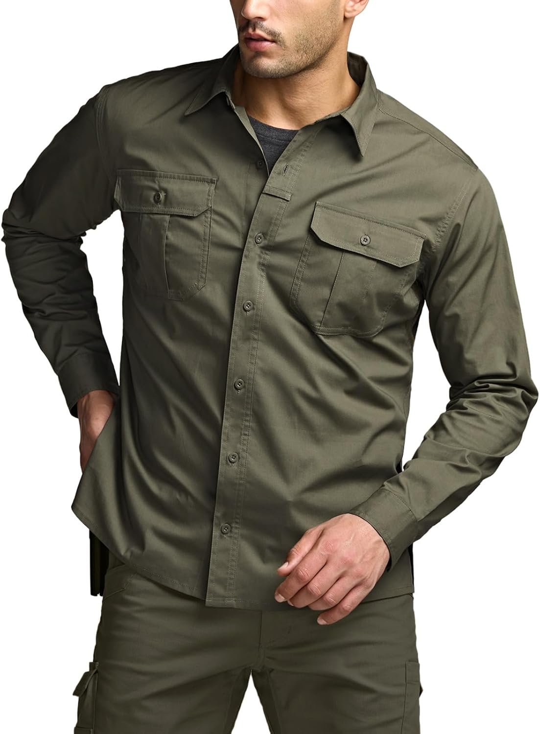 CQR Men’s Long Sleeve Tactical Shirts, Ripstop Military Work Shirts, UPF 50+ Breathable Button Down Outdoor Hiking Shirt