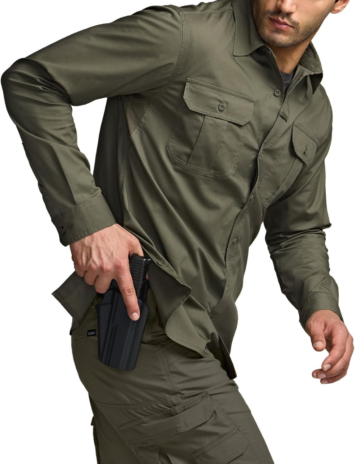 CQR Men’s Long Sleeve Tactical Shirts, Ripstop Military Work Shirts, UPF 50+ Breathable Button Down Outdoor Hiking Shirt