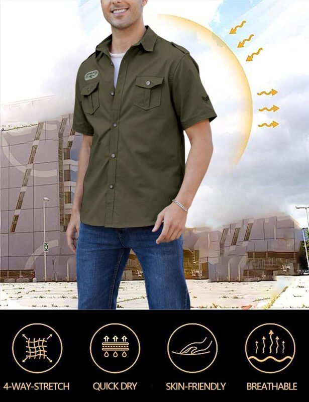 Gihuo Men’s Military Tactical Shirt Short Sleeve Cargo Work Outdoor Hiking Camping Hunting Fishing