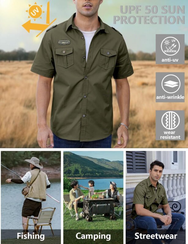 Gihuo Men’s Military Tactical Shirt Short Sleeve Cargo Work Outdoor Hiking Camping Hunting Fishing