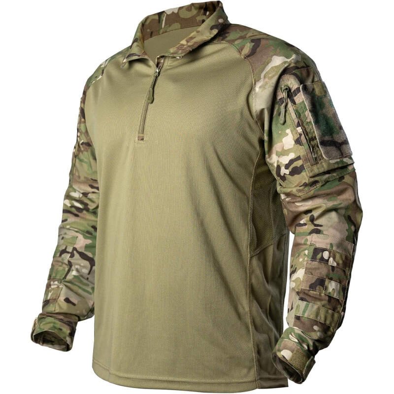 Men’s Tactical Shirts CAMO Shirts with Long Sleeve 1/4 Zip Quick Dry BDU Shirts with Elbow Pads