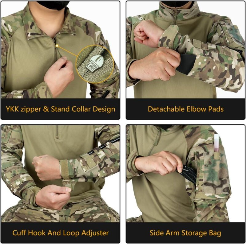Men’s Tactical Shirts CAMO Shirts with Long Sleeve 1/4 Zip Quick Dry BDU Shirts with Elbow Pads
