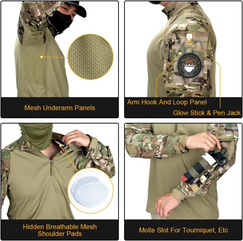 Men’s Tactical Shirts CAMO Shirts with Long Sleeve 1/4 Zip Quick Dry BDU Shirts with Elbow Pads
