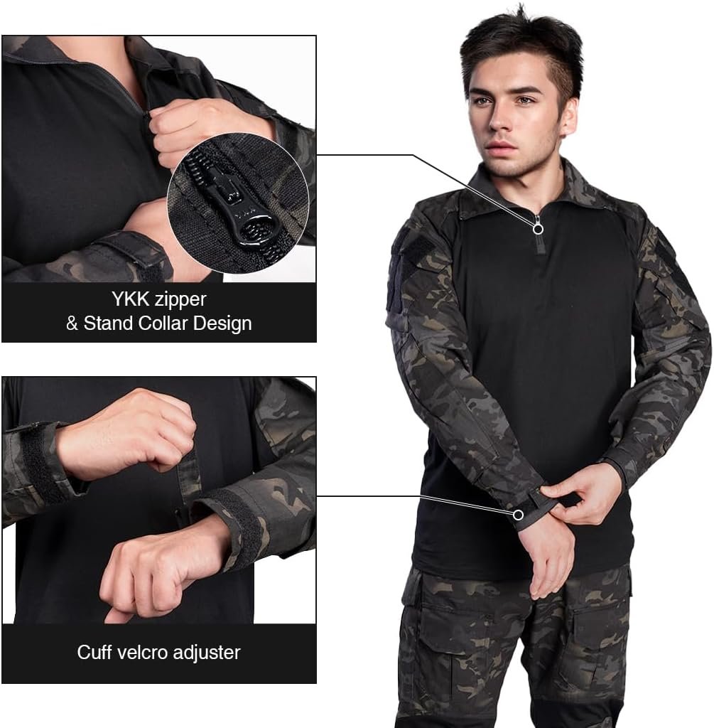 IDOGEAR SPORTS G3 Combat Shirts Men’s Tactical Shirt with Elbow Pads 1/4 Zipper Collar Long Sleeves Top Military Clothing