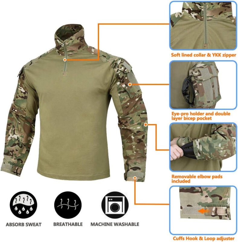 KRYDEX Tactical Men’s Combat Shirt Rapid Assault Long Sleeve Shirt with Elbow Pads